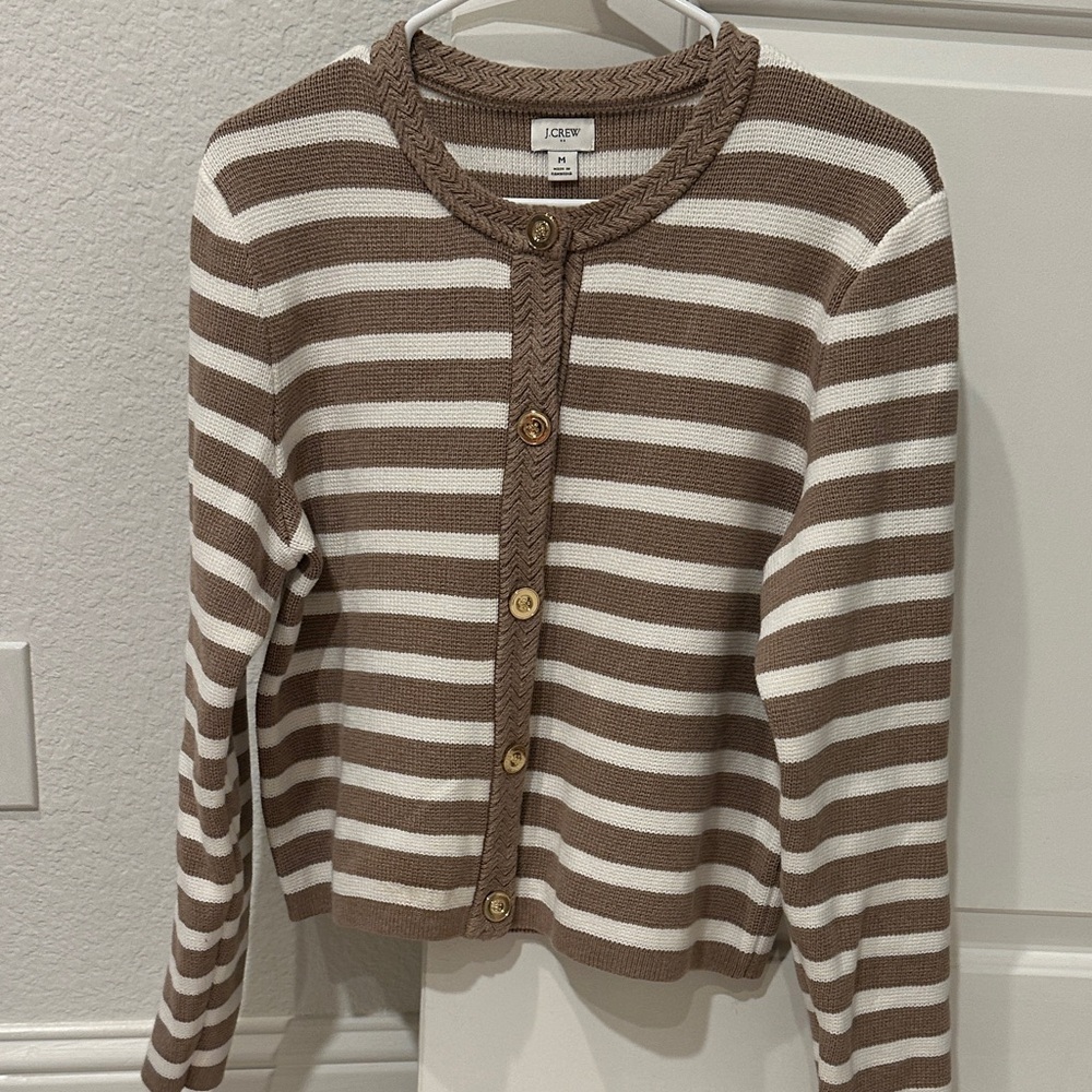 J. Crew Brown and White Striped Button-Front Cardigan
